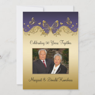 Purple and Gold Butterflies 50th Photo Anniversary Invitation