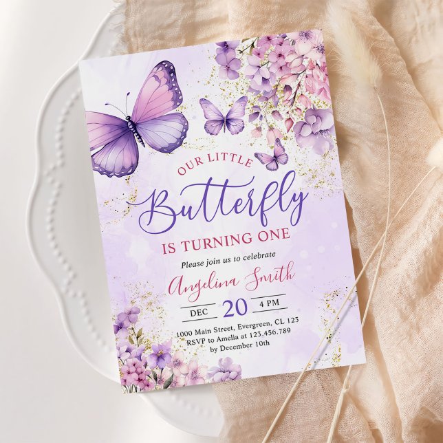 Purple and Gold Butterfly 1st Birthday Invitation (Creator Uploaded)
