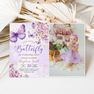 Purple and Gold Butterfly 1st Birthday Photo Invitation
