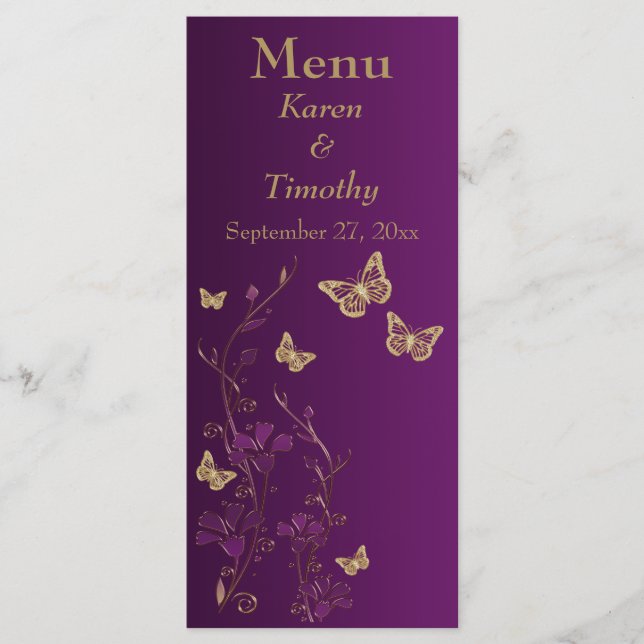 Purple and Gold Butterfly Floral Menu Card (Front)