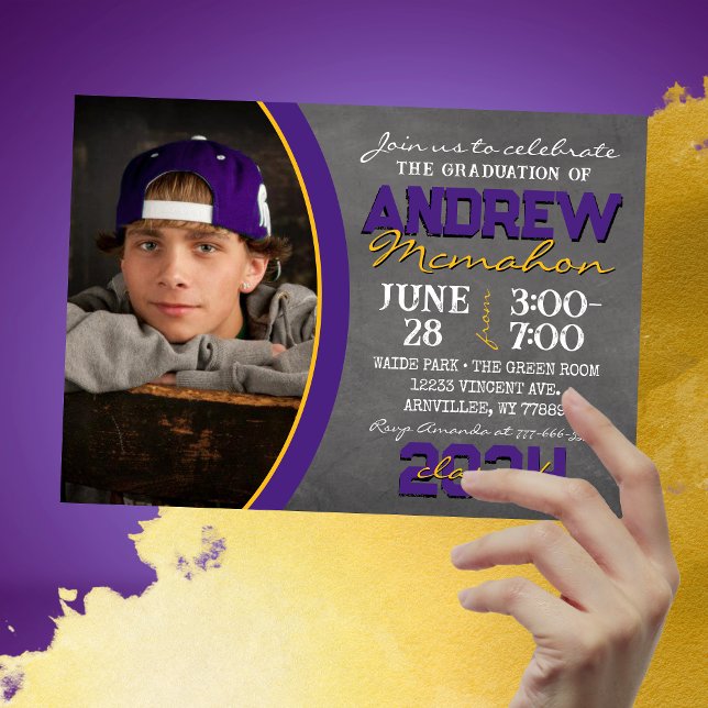 Purple and Gold Chalkboard Graduation Invitation (Unique 1 Photo Purple and Yellow Gold Chalkboard Graduation Invitations)