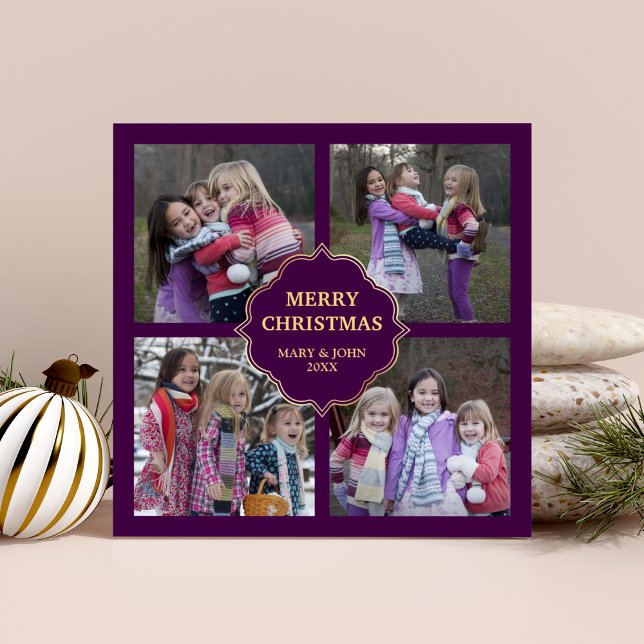 Purple and Gold Christmas 4 Square Photos Collage Holiday Card (Creator Uploaded)