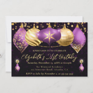 Purple and Gold Christmas Baubles Birthday Party Invitation