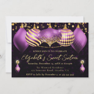 Purple and Gold Christmas Baubles Sweet 16 Invitation