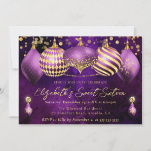 Purple and Gold Christmas Baubles Sweet 16 Invitation