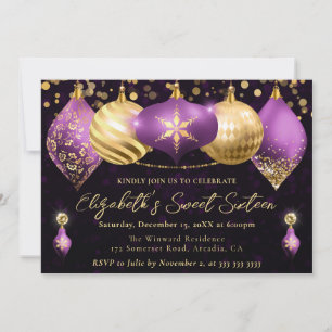 Purple and Gold Christmas Baubles Sweet 16 Invitation