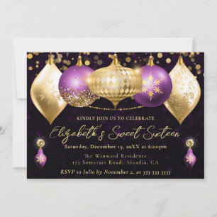 Purple and Gold Christmas Baubles Sweet 16 Invitation