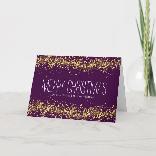 Purple and Gold Confetti Bokeh Personalised Holiday Card (Front)