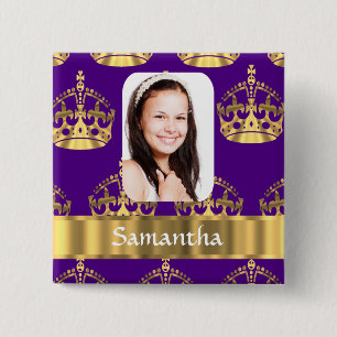 Purple and gold crown personalised photo 15 cm square badge