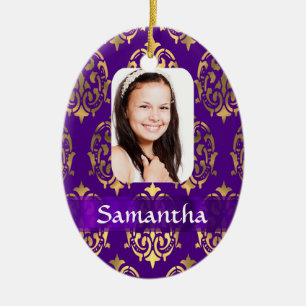 Purple and gold damask ceramic tree decoration