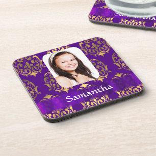 Purple and gold damask photo template coaster