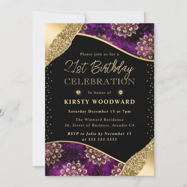Purple and Gold Dharma Pattern 21st Birthday Invitation (Front)