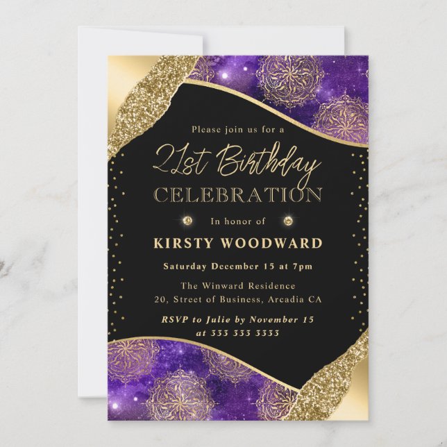 Purple and Gold Dharma Pattern 21st Birthday Invitation (Front)
