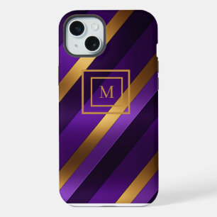 Purple and Gold Diagonal Striped Monogrammed iPhone 15 Plus Case
