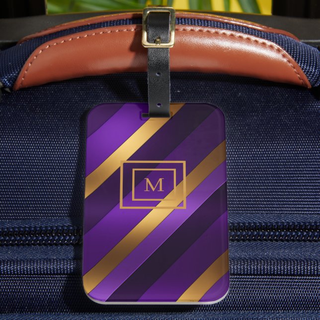 Purple and Gold Diagonal Striped Monogrammed Luggage Tag (Front Insitu 2)