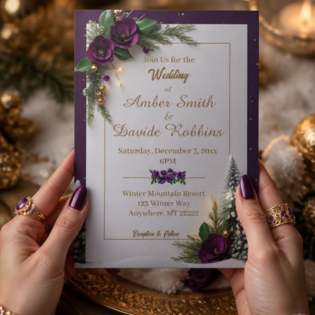 Purple and Gold Elegant Wedding Invitation (AI Generated Hands Holding Card)