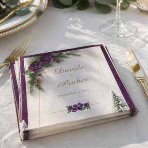 Purple and Gold Elegant Winter Wedding Cocktail Napkin