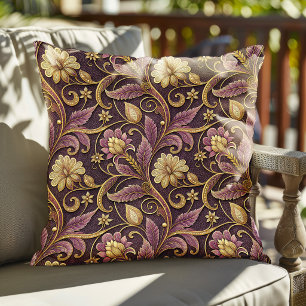 Purple And Gold Embossed Flowers Pattern Cushion