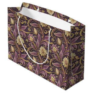 Purple And Gold Embossed Flowers Pattern Large Gift Bag