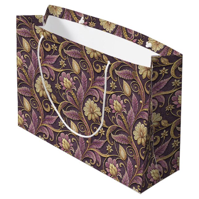 Purple And Gold Embossed Flowers Pattern Large Gift Bag (Back Angled)