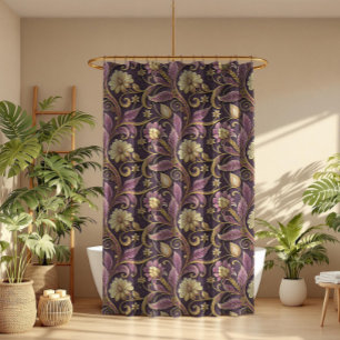 Purple And Gold Embossed Flowers Pattern Shower Curtain