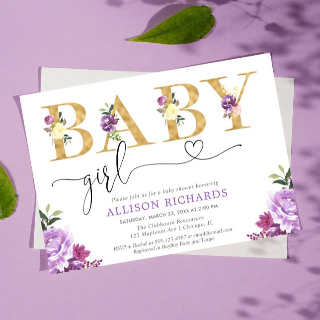 Purple and gold faux foil floral Girl baby shower Invitation (Creator Uploaded)