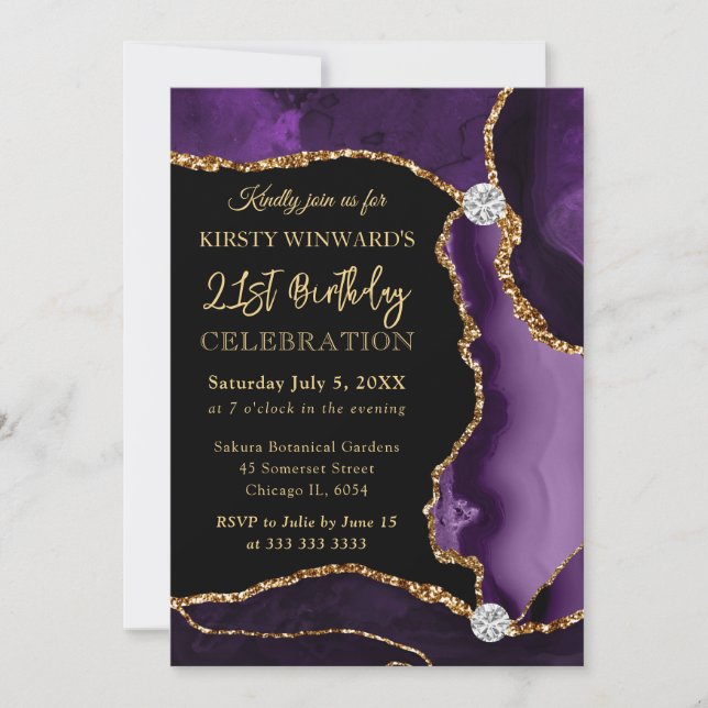 Purple and Gold Faux Glitter Agate Birthday Invitation (Front)