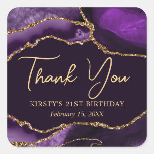 Purple and Gold Faux Glitter Agate Birthday Party Square Sticker