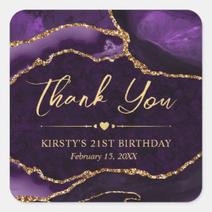 Purple and Gold Faux Glitter Agate Birthday Party Square Sticker