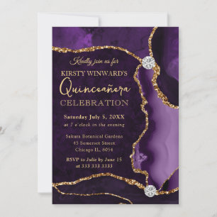 Purple and Gold Faux Glitter Agate Quinceanera Invitation