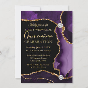 Purple and Gold Faux Glitter Agate Quinceanera Invitation