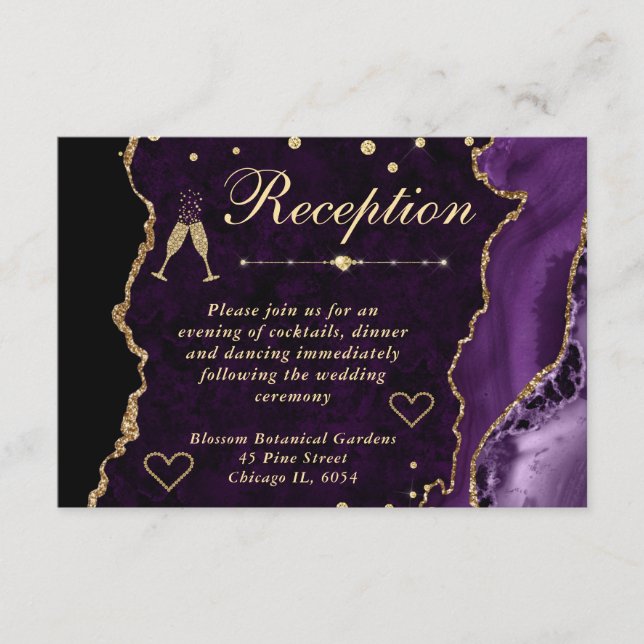 Purple and Gold Faux Glitter Agate Reception Enclosure Card (Front)