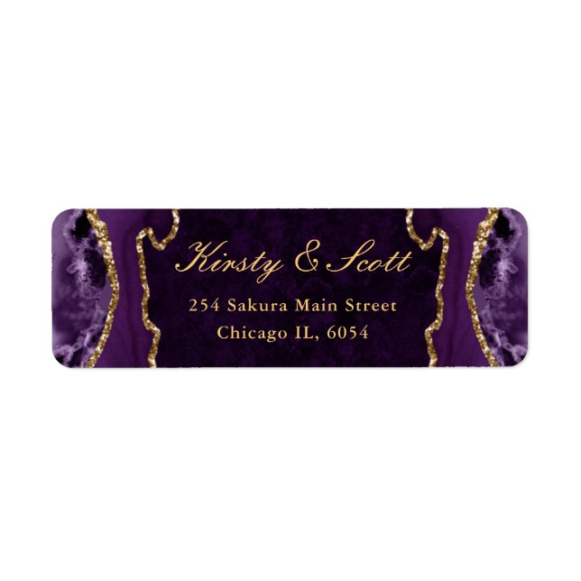Purple and Gold Faux Glitter Agate Wedding address (Front)
