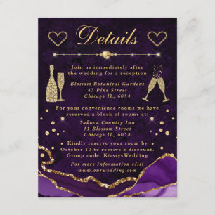 Purple and Gold Faux Glitter Agate Wedding Details Enclosure Card