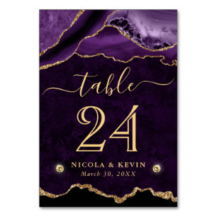 Purple and Gold Faux Glitter Agate Wedding Table Number