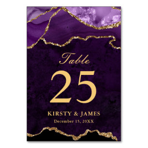 Purple and Gold Faux Glitter Agate Wedding Table Number