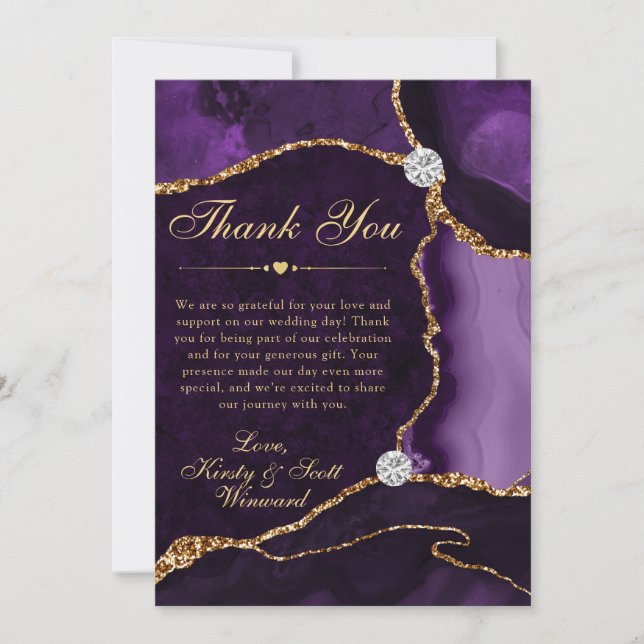 Purple and Gold Faux Glitter Agate Wedding Thank You Card (Front)