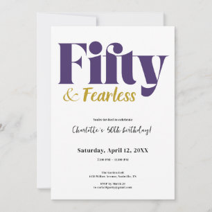 Purple and Gold Fifty & Fearless 50th Birthday Invitation