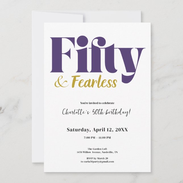 Purple and Gold Fifty & Fearless 50th Birthday Invitation (Front)