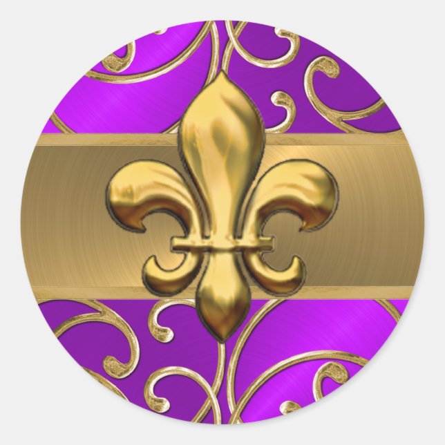 Purple and Gold Filigree Swirls Fleur de Lis Classic Round Sticker (Front)