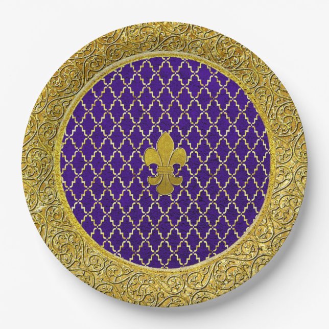 Purple and Gold Fleur-de-lis Any Occasion Paper Plate (Front)