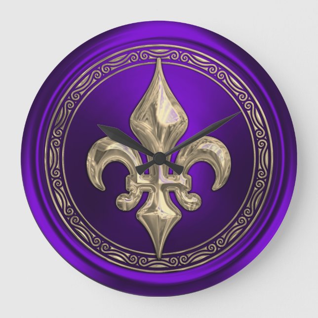 Purple and Gold Fleur de Lis  Large Clock (Front)