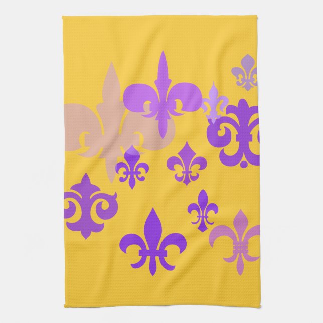 Purple and Gold Fleur de Lis Pattern Tea Towel (Vertical)
