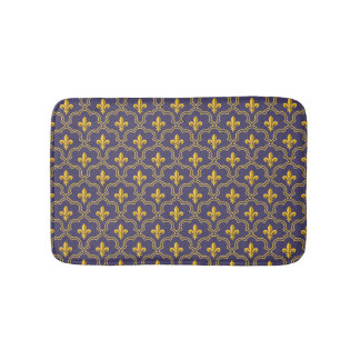 Purple and gold fleur-de-lys quatrefoil pattern bath mat