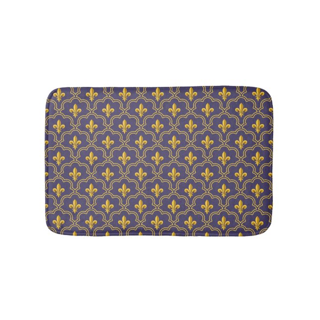 Purple and gold fleur-de-lys quatrefoil pattern bath mat (Front)