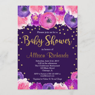 Purple and gold floral baby shower invitation