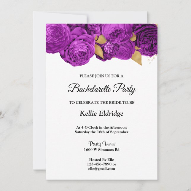 Purple And Gold Floral Bachelorette Party Invitation (Front)