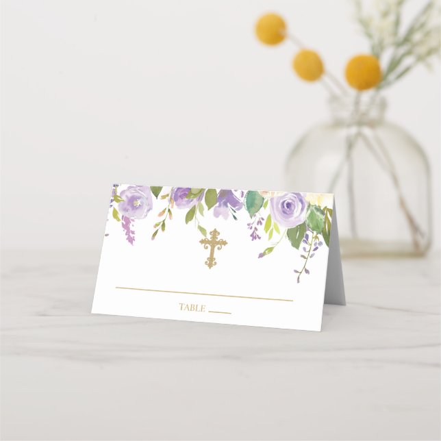 Purple and Gold  Floral Baptism Folded Place Card (Front)