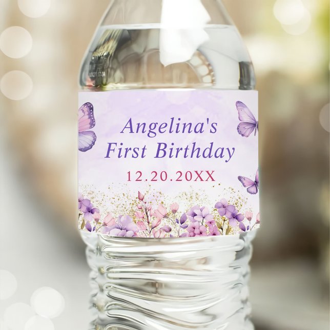 Purple and Gold Floral Butterfly 1st Birthday Water Bottle Label (Creator Uploaded)