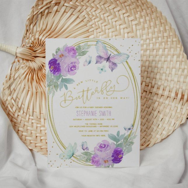 Purple and Gold Floral Butterfly Baby Shower Invitation (Creator Uploaded)